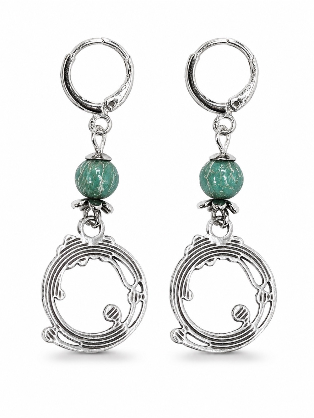 Turquoise Aqua Silver Scroll Earrings • Boho Floral Dangles - Picture 6 of 7